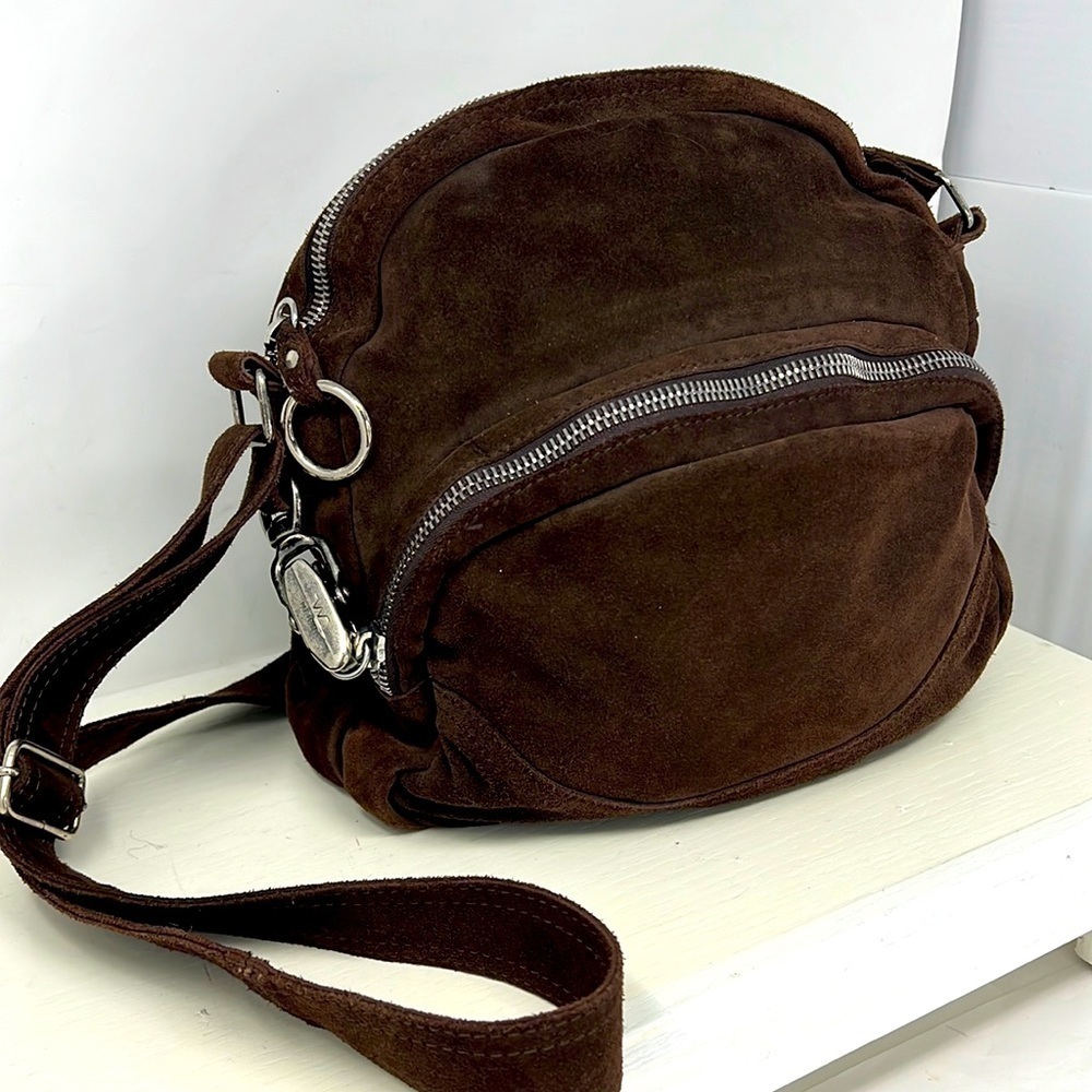 Sissi Rossi Brown Suede Large Zippered Crossbody Bag
